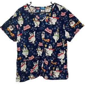 Frosty the Snowman Womens XL Scrub Top Medical Nurse Vet Tech Christmas 3 Pocket
